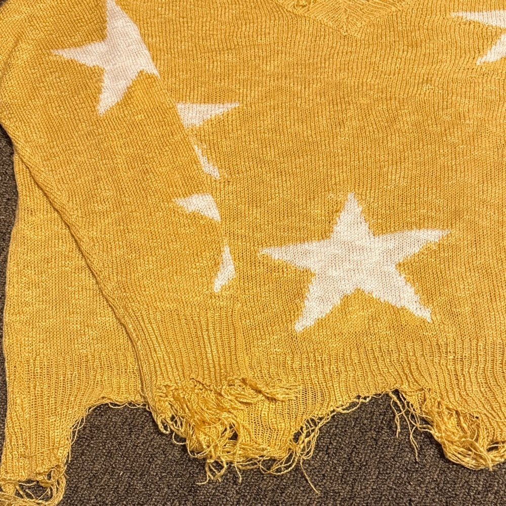 ADORA Mustard V-Neck Sweater with White Stars - Picture 7 of 10